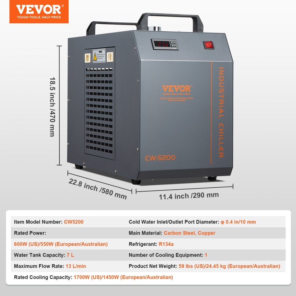 Industrial Water Chiller, CW-5200, Industrial Water Cooler Cooling System with Built-in Compressor 7L Water Tank Capacity 13 L/min Max Flow Rate, for CO2 Laser Engraving Machine Cooling Machine