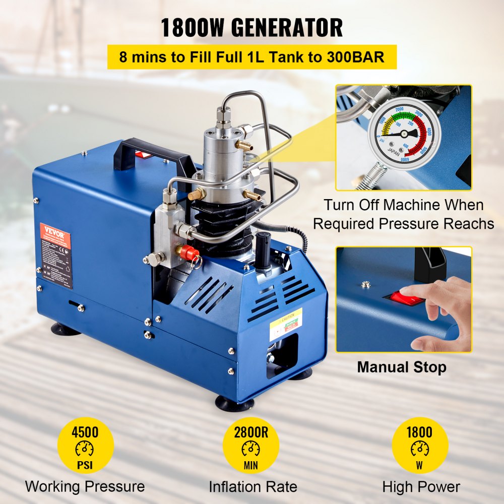 High-pressure air compressor with water cooling, 4500 PSI, and LED temperature display.