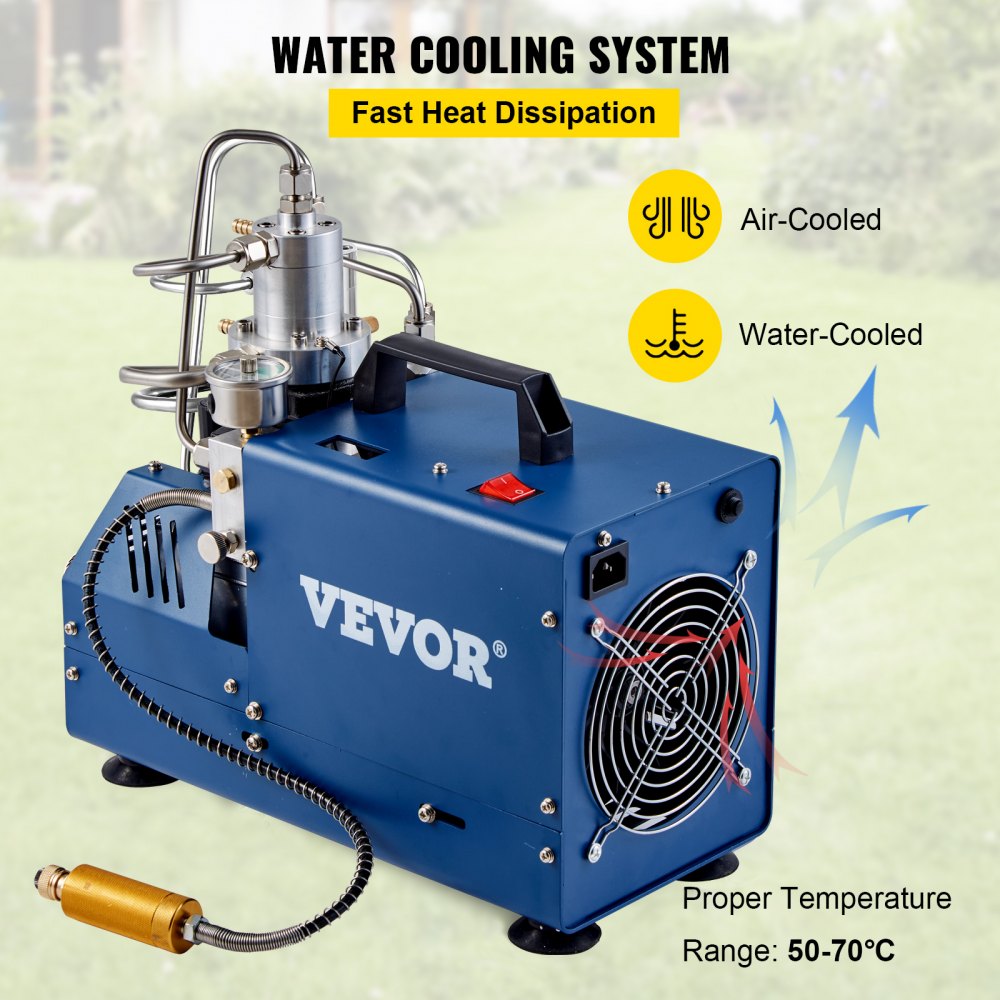 High-pressure air compressor with water cooling, 1800W motor, and LED temperature display.