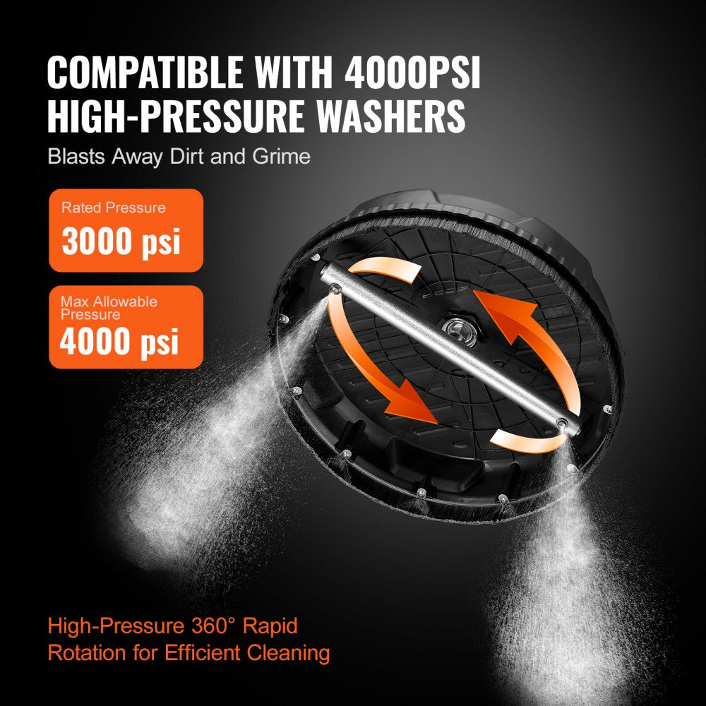 15-inch pressure washer surface cleaner with 4000 PSI max rating and 360-degree rotating spray.