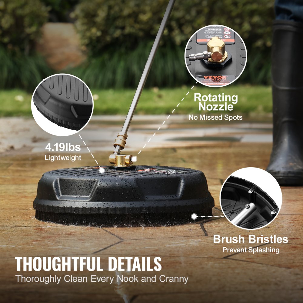 15-inch pressure washer surface cleaner with rotating dual nozzles, lightweight build, and splash-preventing bristles.