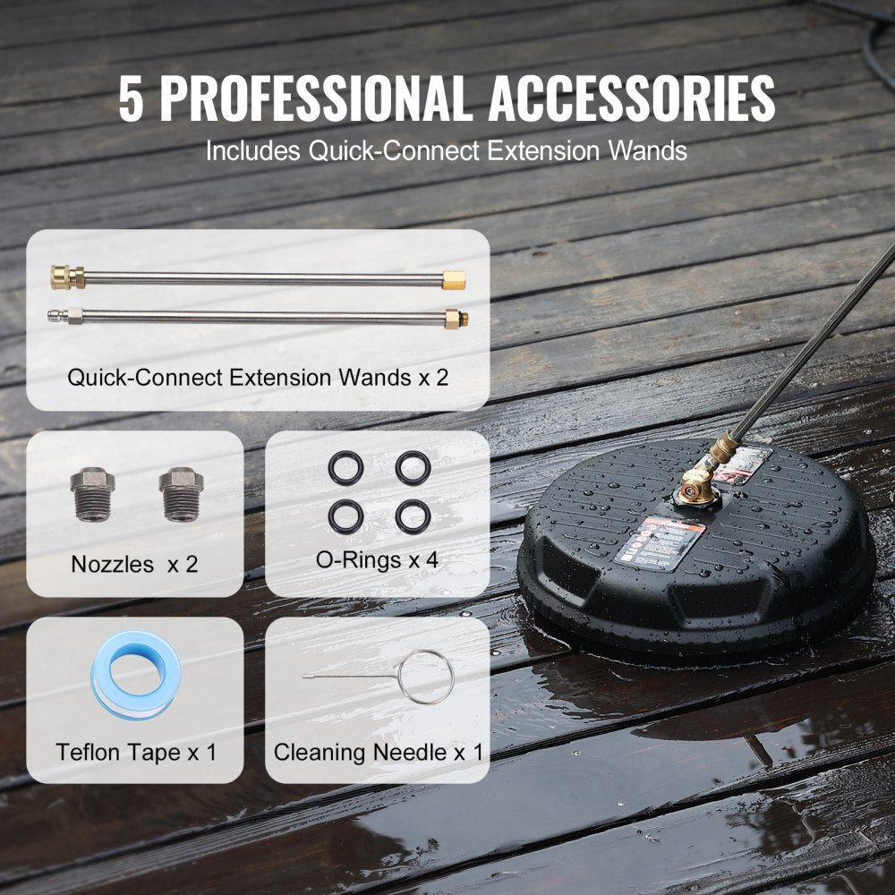 A pressure washer surface cleaner with accessories, including extension wands, nozzles, O-rings, tape, and a cleaning needle.