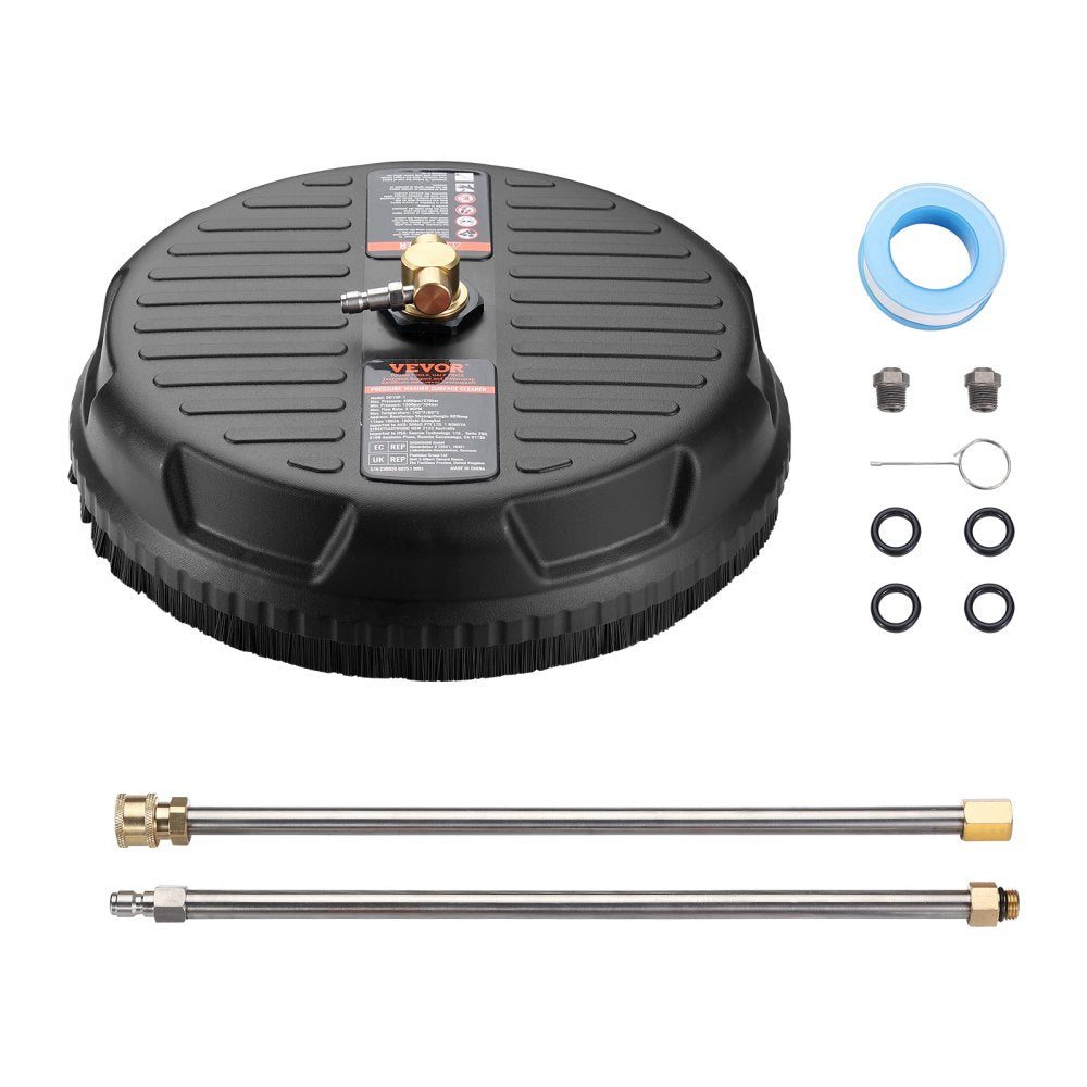 15-inch black pressure washer surface cleaner with dual nozzles, extension wands, and fittings.