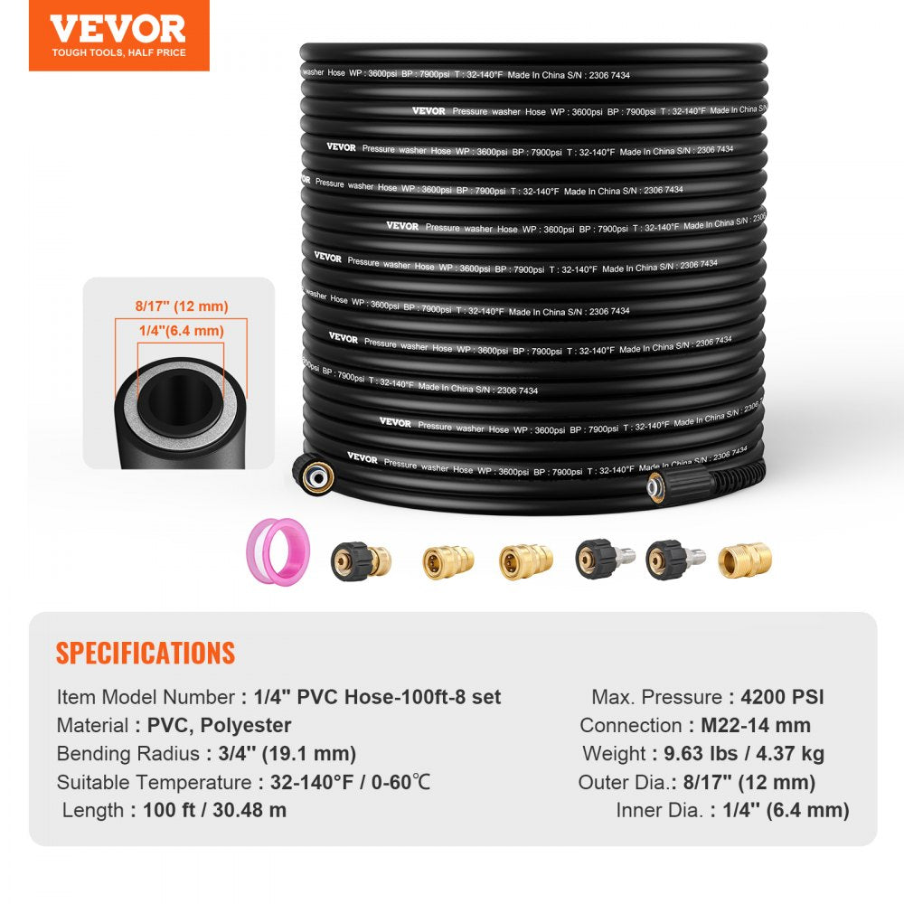 Pressure Washer Hose, 100FT, 1/4" Kink Free M22-14mm Brass Thread Replacement For Most Brand Pressure Washers, 3/4`` Bending Radius, 4200 PSI Heavy Duty Power Washer Extension Replacement Hose