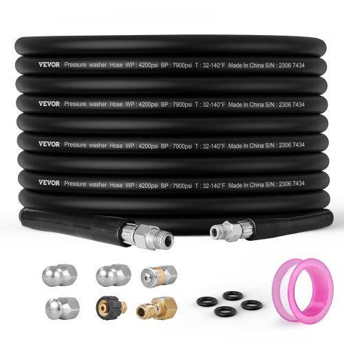 100-foot black kink-free pressure washer hose with brass fittings and accessories.