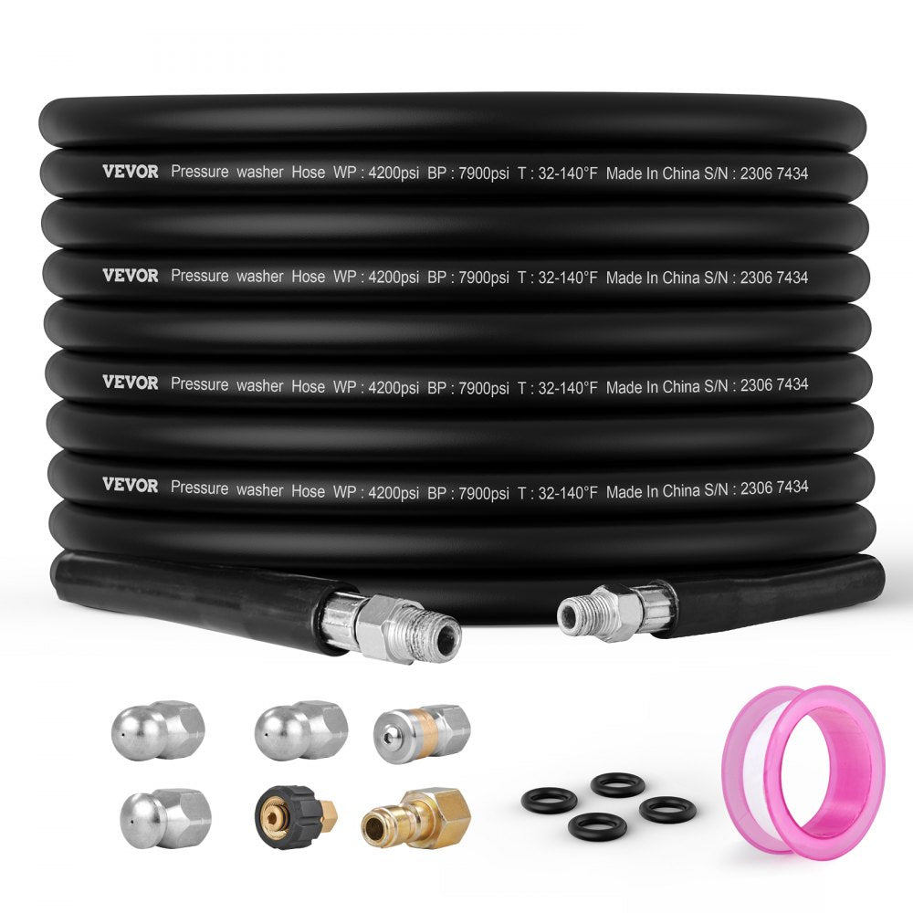 100ft black kink-free pressure washer hose with brass fittings, nozzles, and O-rings.