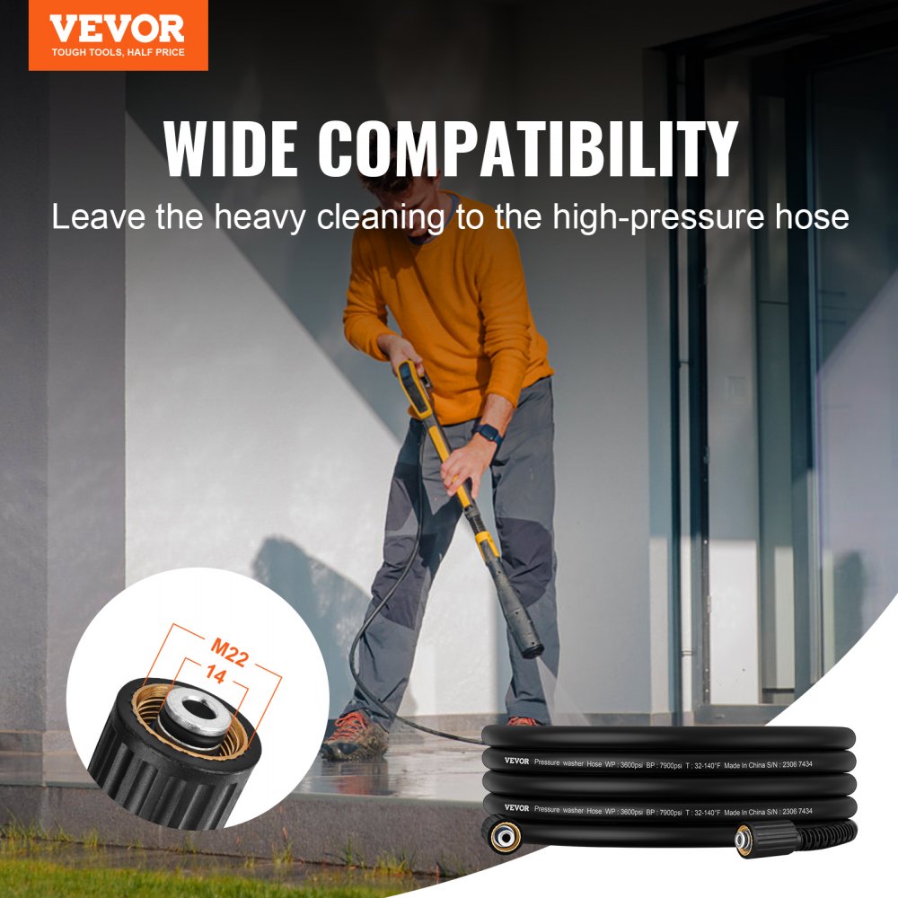 Pressure Washer Hose, 25 FT, 1/4" Kink Free M22-14mm Brass Thread Replacement For Most Brand Pressure Washers, 3/4`` Bending Radius, 3600 PSI Heavy Duty Power Washer Extension Replacement Hose
