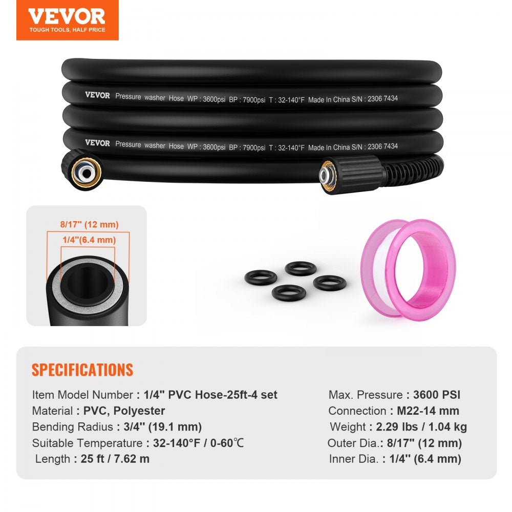 Pressure Washer Hose, 25 FT, 1/4" Kink Free M22-14mm Brass Thread Replacement For Most Brand Pressure Washers, 3/4`` Bending Radius, 3600 PSI Heavy Duty Power Washer Extension Replacement Hose