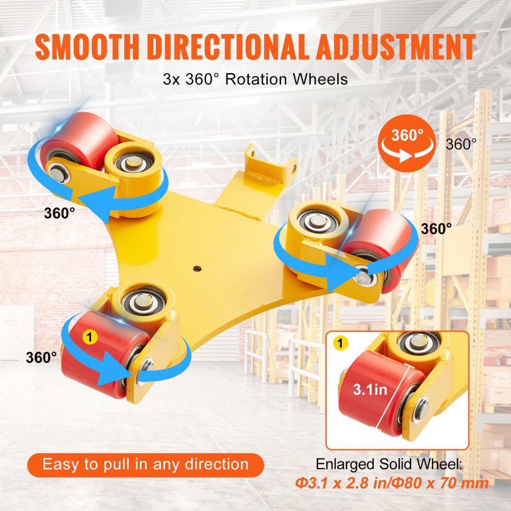 Machinery Skate Dolly, 6614 LBS/3T Industrial Machinery Mover with Handle, Carbon Steel Machinery Moving Skate with 3 360° Swivel PU Wheels, 360° Rotation Non-Slip Cap for Warehouse, Workshop