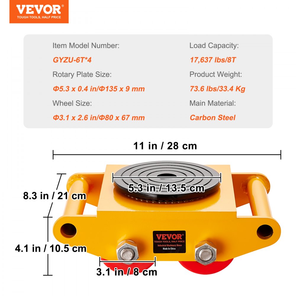 4PCS Machinery Skate Dolly, 17637 LBS/8T Industrial Machinery Mover, Heavy Duty Carbon Steel Machinery Moving Skate with 4 PU Wheels and 360° Rotation Non-Slip Cap for Warehouse, Workshop, Facto