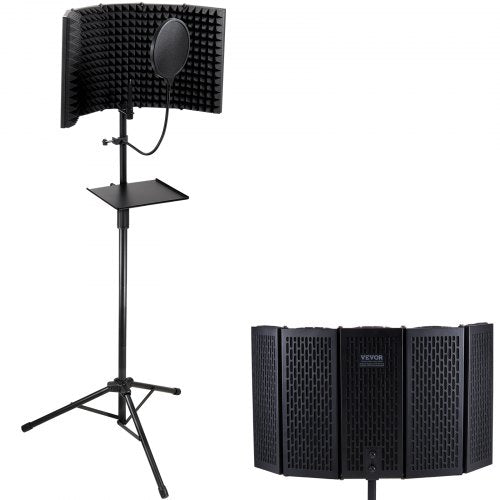Microphone Isolation Shield, 5-Panel, Studio Recording Foldable Mic Sound Shield, with Pop Filter Floor Tripod Stand 3/8`` to 5/8`` Microphone Adapter, for Blue Yeti and Condenser Microphones