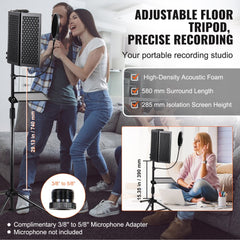 Microphone Isolation Shield, 5-Panel, Studio Recording Foldable Mic Sound Shield, with Pop Filter Floor Tripod Stand 3/8`` to 5/8`` Microphone Adapter, for Blue Yeti and Condenser Microphones