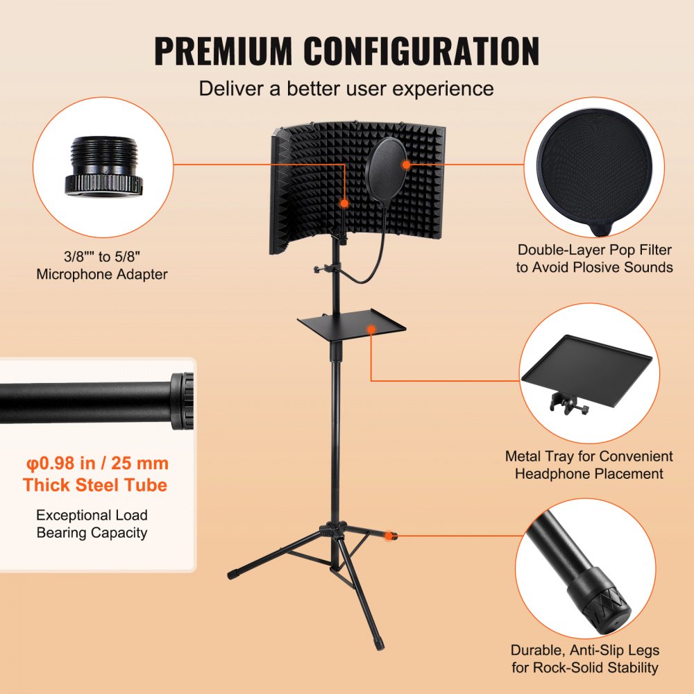 Microphone Isolation Shield, 5-Panel, Studio Recording Foldable Mic Sound Shield, with Pop Filter Floor Tripod Stand 3/8`` to 5/8`` Microphone Adapter, for Blue Yeti and Condenser Microphones
