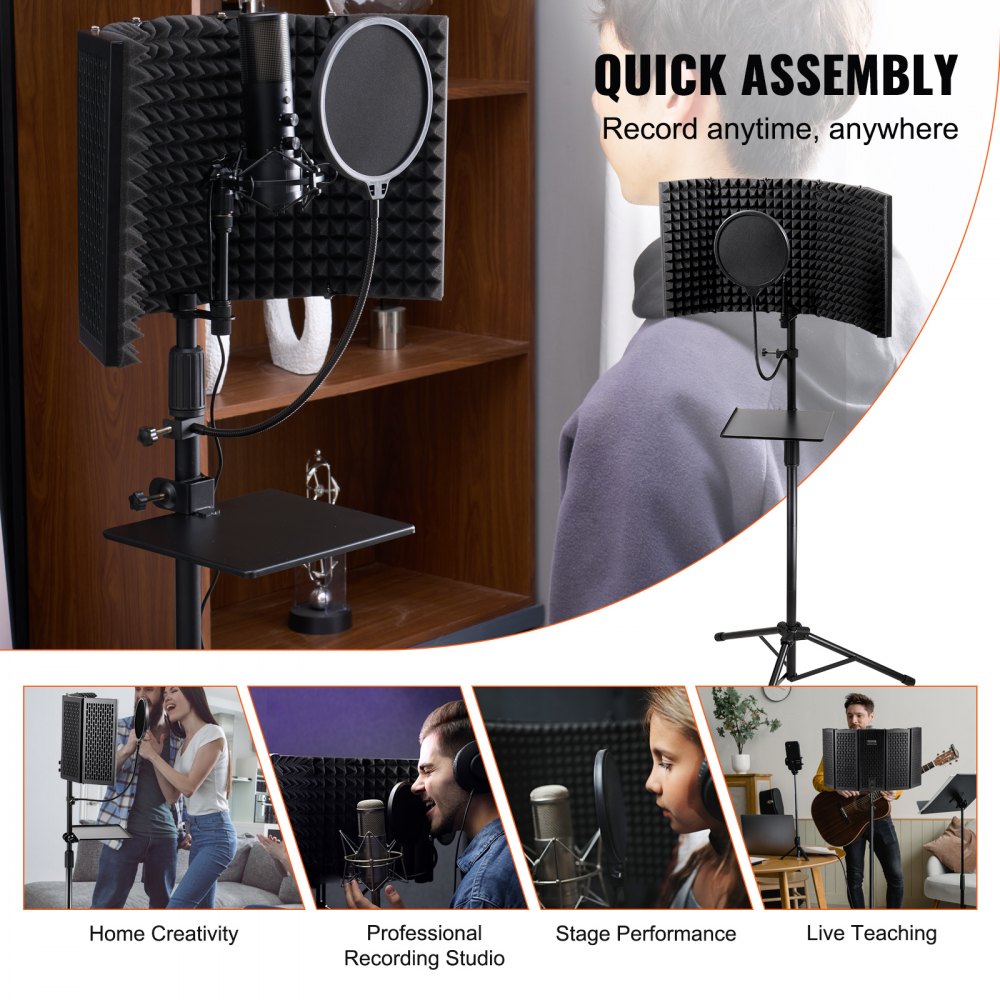Microphone Isolation Shield, 5-Panel, Studio Recording Foldable Mic Sound Shield, with Pop Filter Floor Tripod Stand 3/8`` to 5/8`` Microphone Adapter, for Blue Yeti and Condenser Microphones