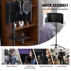 Microphone Isolation Shield, 5-Panel, Studio Recording Foldable Mic Sound Shield, with Pop Filter Floor Tripod Stand 3/8`` to 5/8`` Microphone Adapter, for Blue Yeti and Condenser Microphones