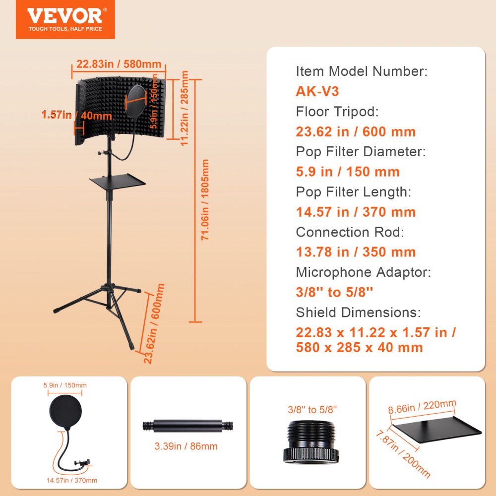 Microphone Isolation Shield, 5-Panel, Studio Recording Foldable Mic Sound Shield, with Pop Filter Floor Tripod Stand 3/8`` to 5/8`` Microphone Adapter, for Blue Yeti and Condenser Microphones