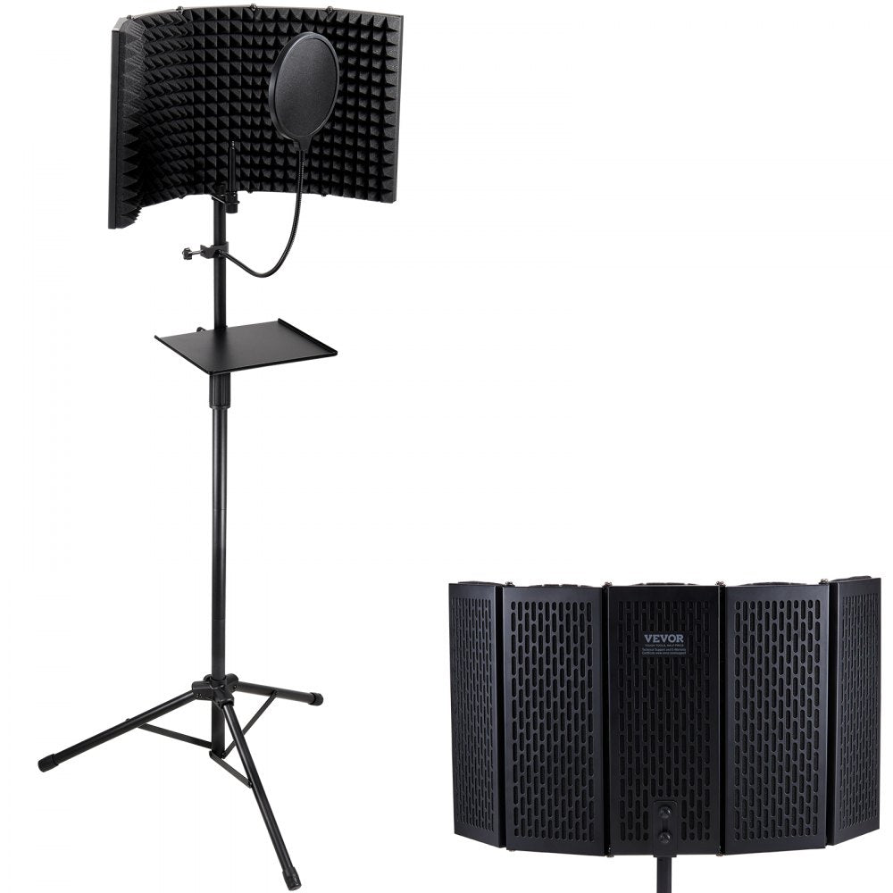 Microphone Isolation Shield, 5-Panel, Studio Recording Foldable Mic Sound Shield, with Pop Filter Floor Tripod Stand 3/8`` to 5/8`` Microphone Adapter, for Blue Yeti and Condenser Microphones