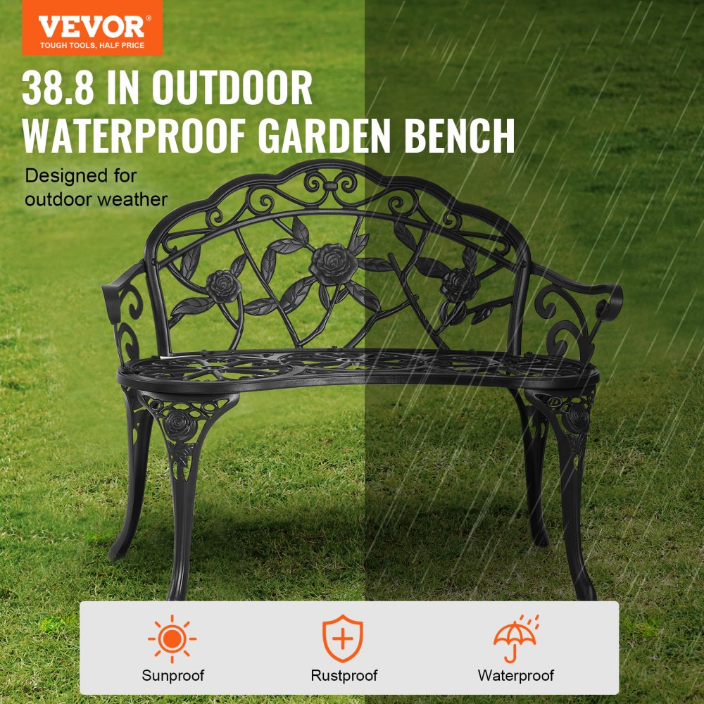 Outdoor Bench, 38.8 inches Metal Garden Bench for Outdoors,480 lbs Load Capacity Bench, Outdoor Garden Park Bench with Backrest and Armrests, Patio Bench for Garden, Park, Yard, Front Porch
