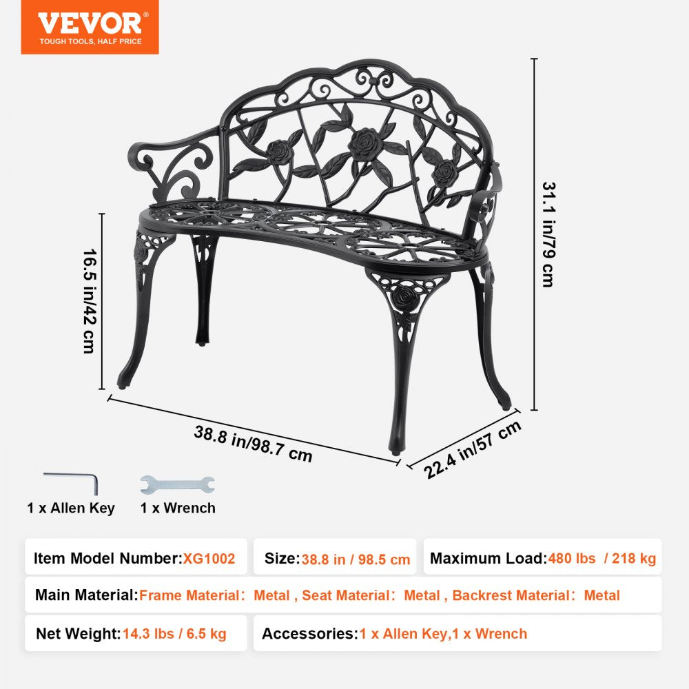 Outdoor Bench, 38.8 inches Metal Garden Bench for Outdoors,480 lbs Load Capacity Bench, Outdoor Garden Park Bench with Backrest and Armrests, Patio Bench for Garden, Park, Yard, Front Porch