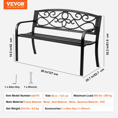 Outdoor Bench, 50 inches Metal Garden Bench for Outdoors, 550 lbs Load Capacity Bench, Outdoor Garden Park Bench with Backrest and Armrests, Patio Bench for Garden, Park, Yard, Front Porch