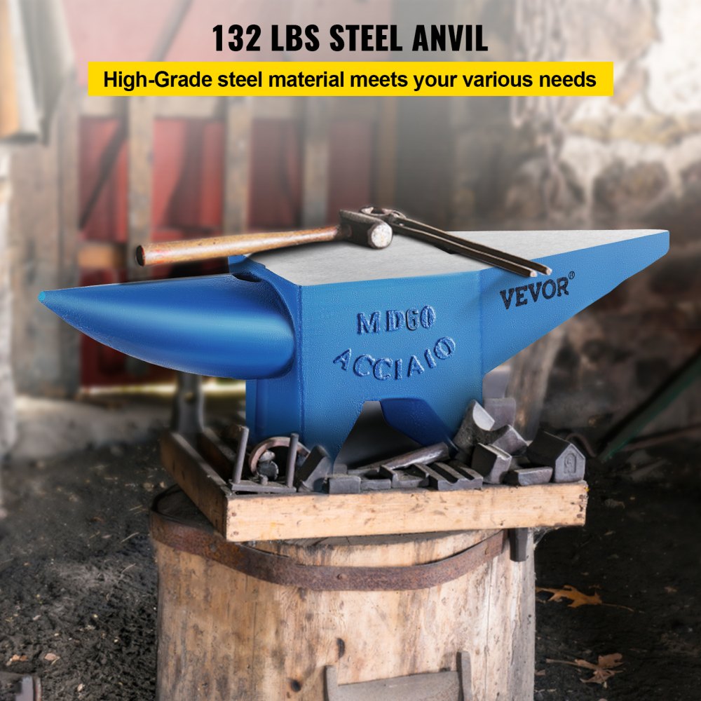 Bostome 132 lbs cast steel anvil with dual horns and polished surface for metalworking.