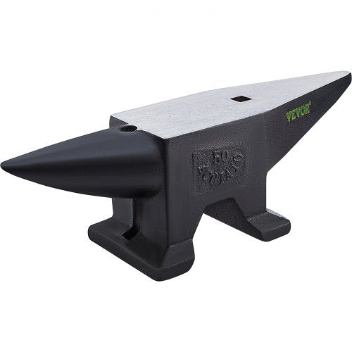 Black steel blacksmith anvil weighing 110 lbs with dual horns and 55 HRC hardness.