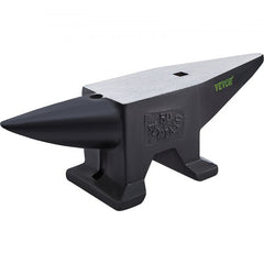 Black steel blacksmith anvil weighing 110 lbs with dual horns and 55 HRC hardness.