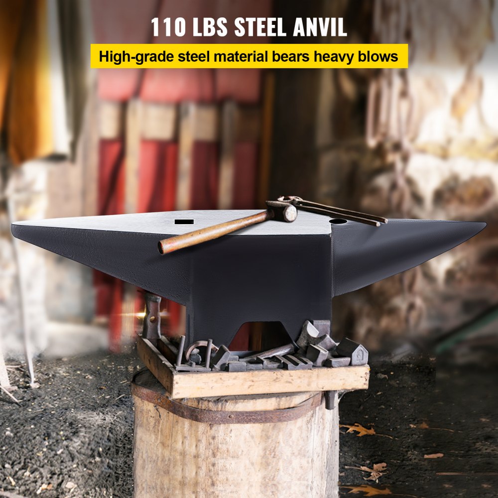 110 lbs steel blacksmith anvil with dual horns on a wooden stand.