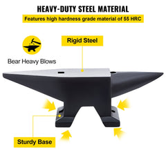 110 lbs steel blacksmith anvil with dual horns, 55 HRC hardness, sturdy base, and rigid steel construction.