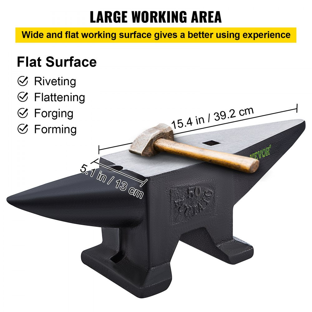 Black steel blacksmith anvil with dual horns, 15.4-inch face, and hammer on surface.