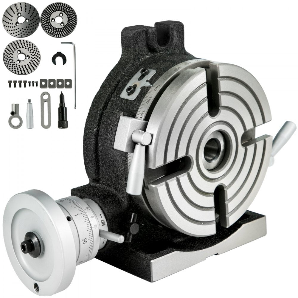 6-inch 4-slot rotary table for horizontal and vertical milling, with dividing plates and tools.