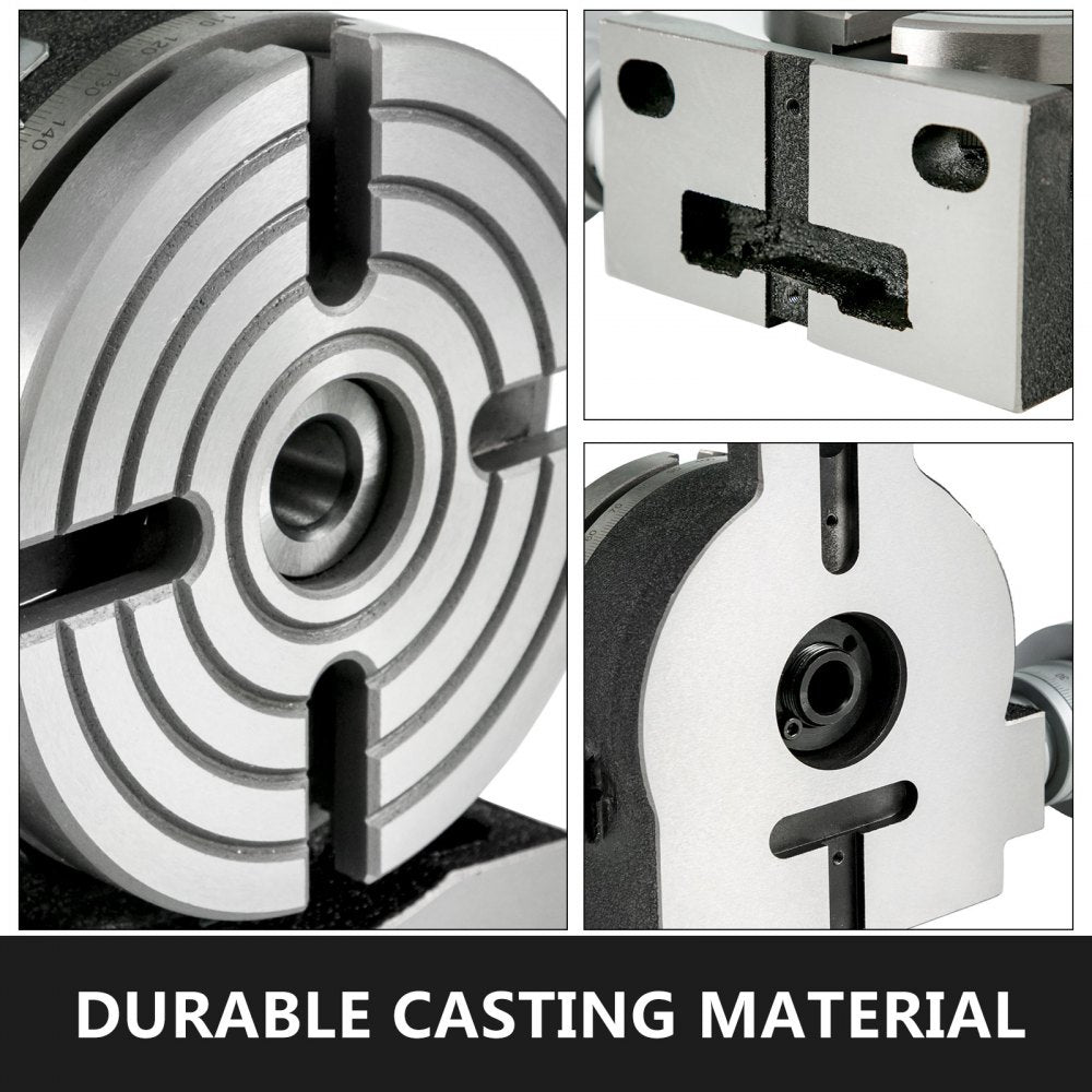 6-inch 4-slot rotary table for milling, shown in horizontal and vertical views with cast iron body.