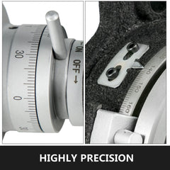 6-inch rotary table with 4 slots, horizontal and vertical scales, and on/off switch.