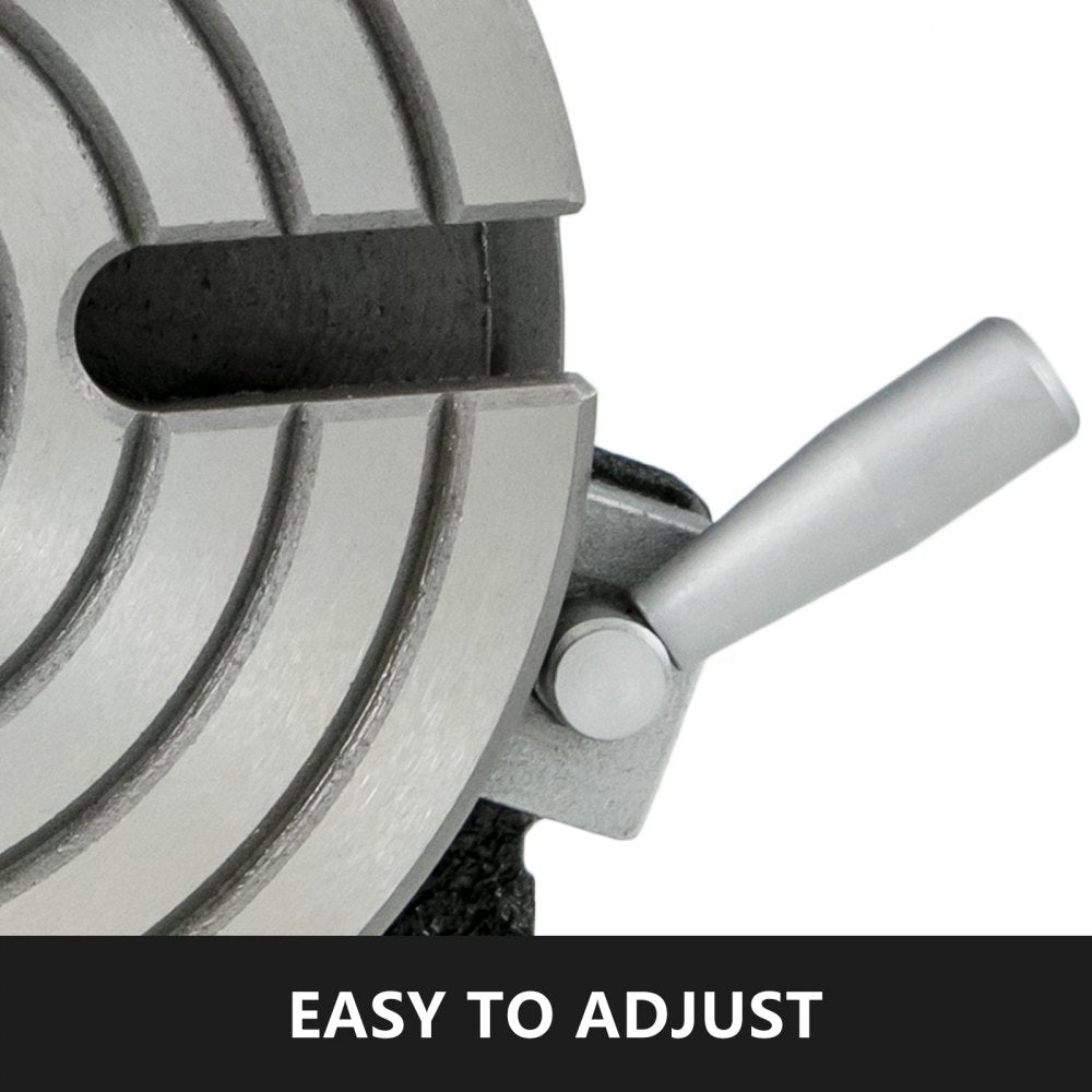 Silver 6-inch rotary table with 4 slots, adjustment handle, and easy-to-adjust label.