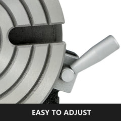 Silver 6-inch rotary table with 4 slots, adjustment handle, and easy-to-adjust label.