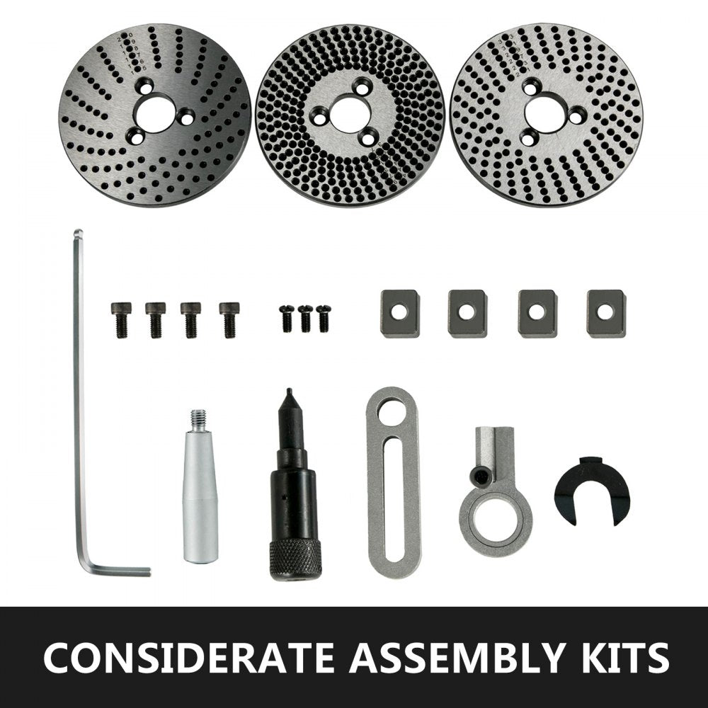 Three 6-inch rotary table discs with dividing plates, bolts, and assembly tools.