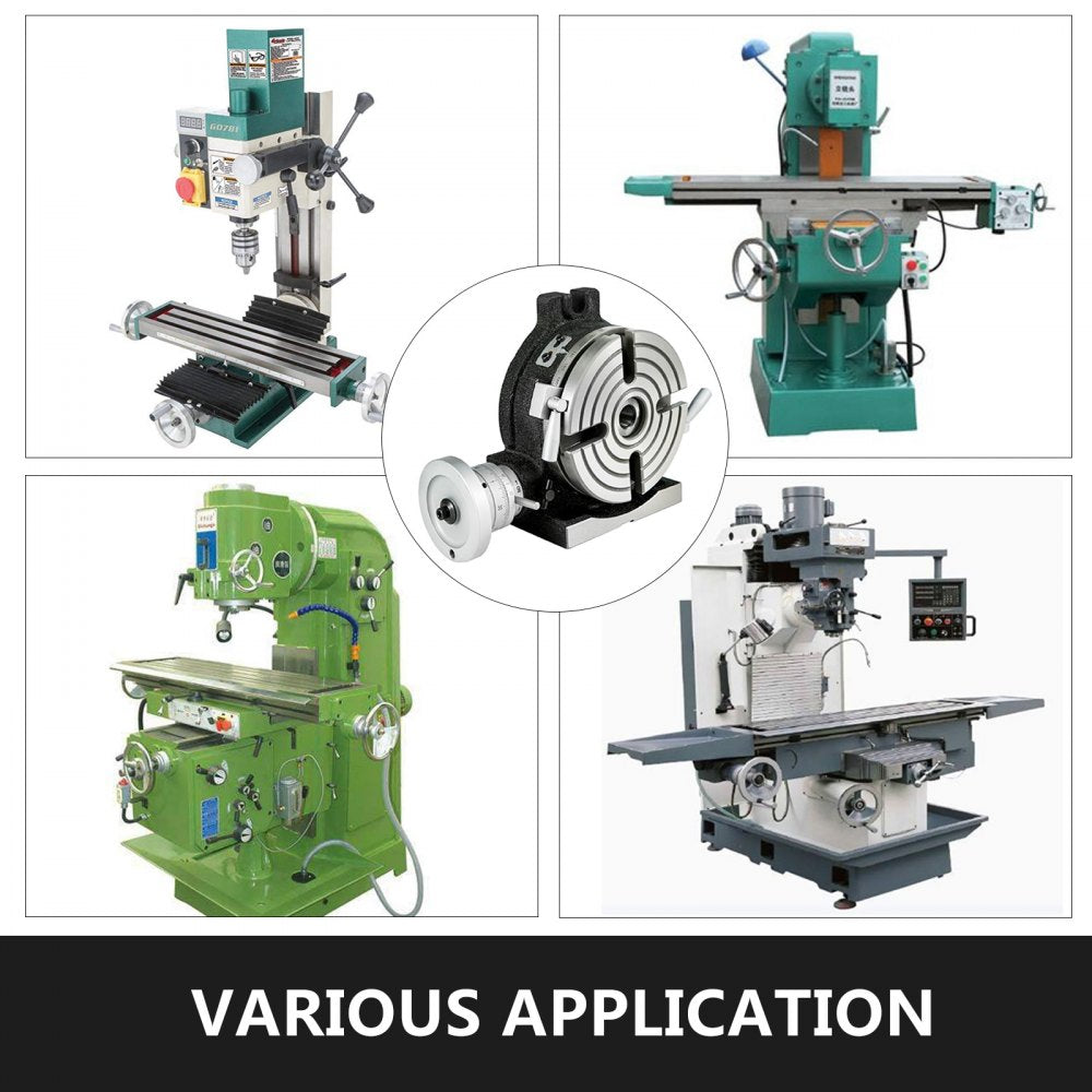 Collage of green milling machines and a 6-inch 4-slot rotary table for horizontal and vertical use.