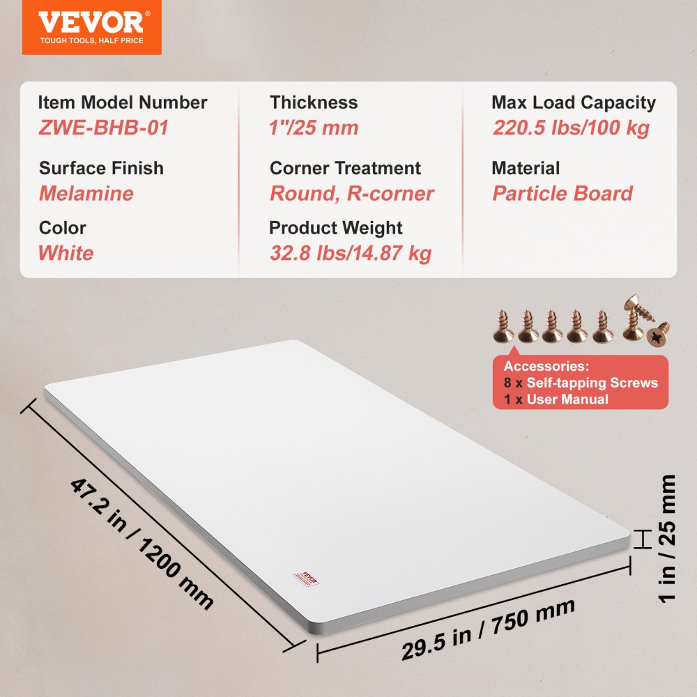 Table Top, 47.2" x 29.5" x 1", 220.5 lbs Load Capacity, Universal One-Piece Particle Board Desktop for Height Adjustable Electric Standing Desk Frame, Rectangular Countertop for Home and Office