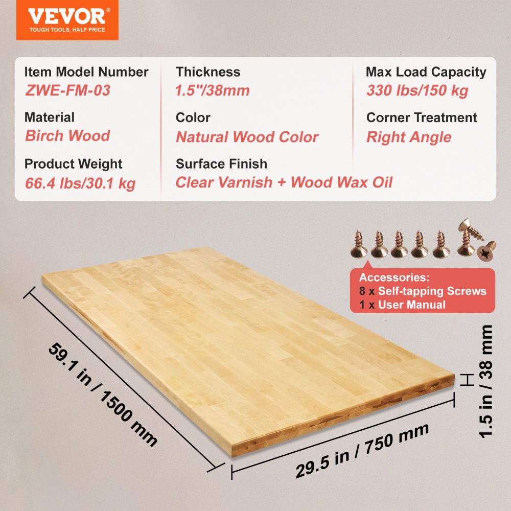 Wood Table Top, Holds up to 330 lb, 59.1" x 29.5" x 1.5" Rectangular Countertop for Height Adjustable Electric Standing Desk Frame, Universal Solid One-Piece Maple Desktop for Office & Home Desk