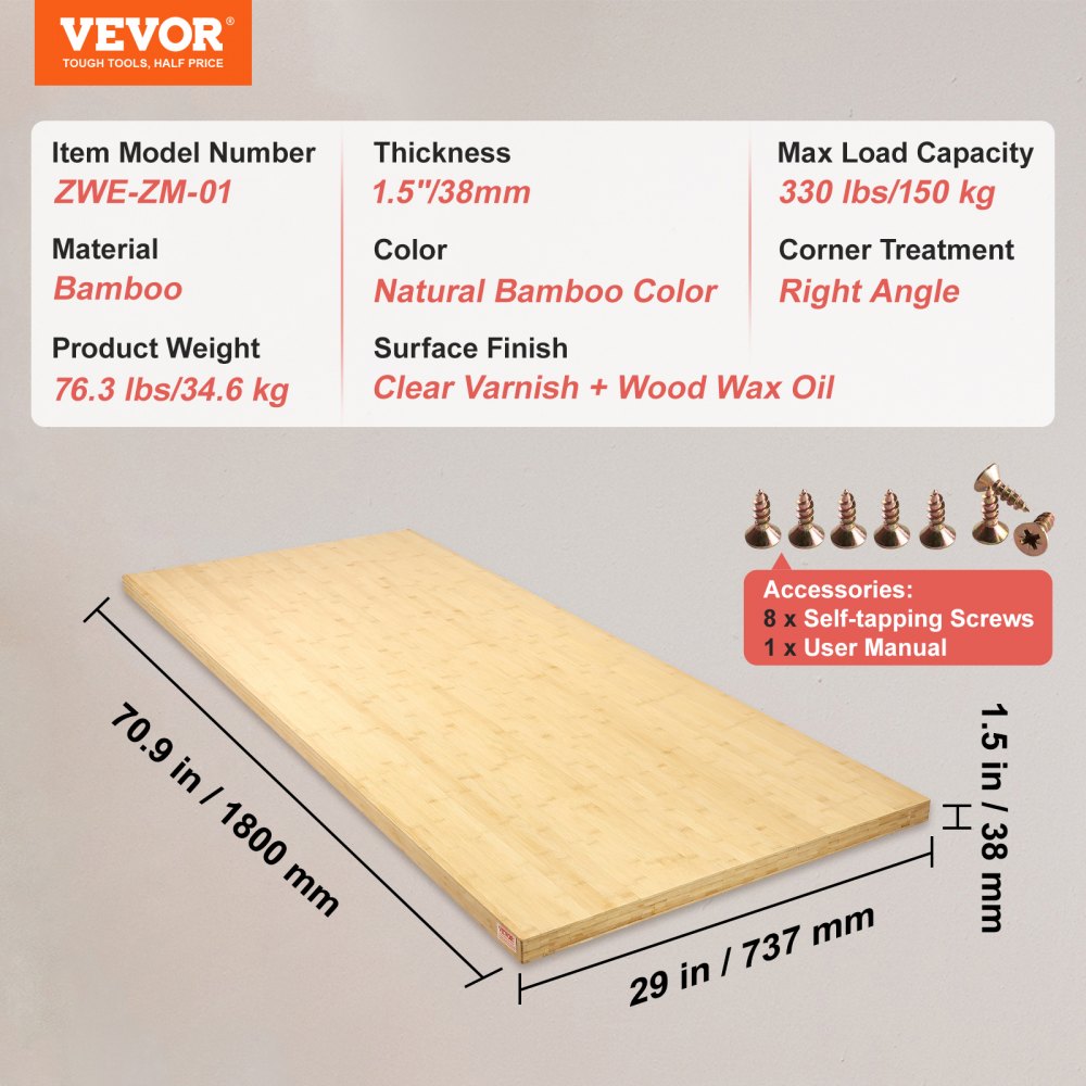 Bamboo Table Top, 70.9" x 29" x 1.5", 330 lbs Load Capacity, Universal Solid One-Piece Bamboo Desktop for Height Adjustable Electric Standing Desk Frame, Rectangular Countertop for Home & Office