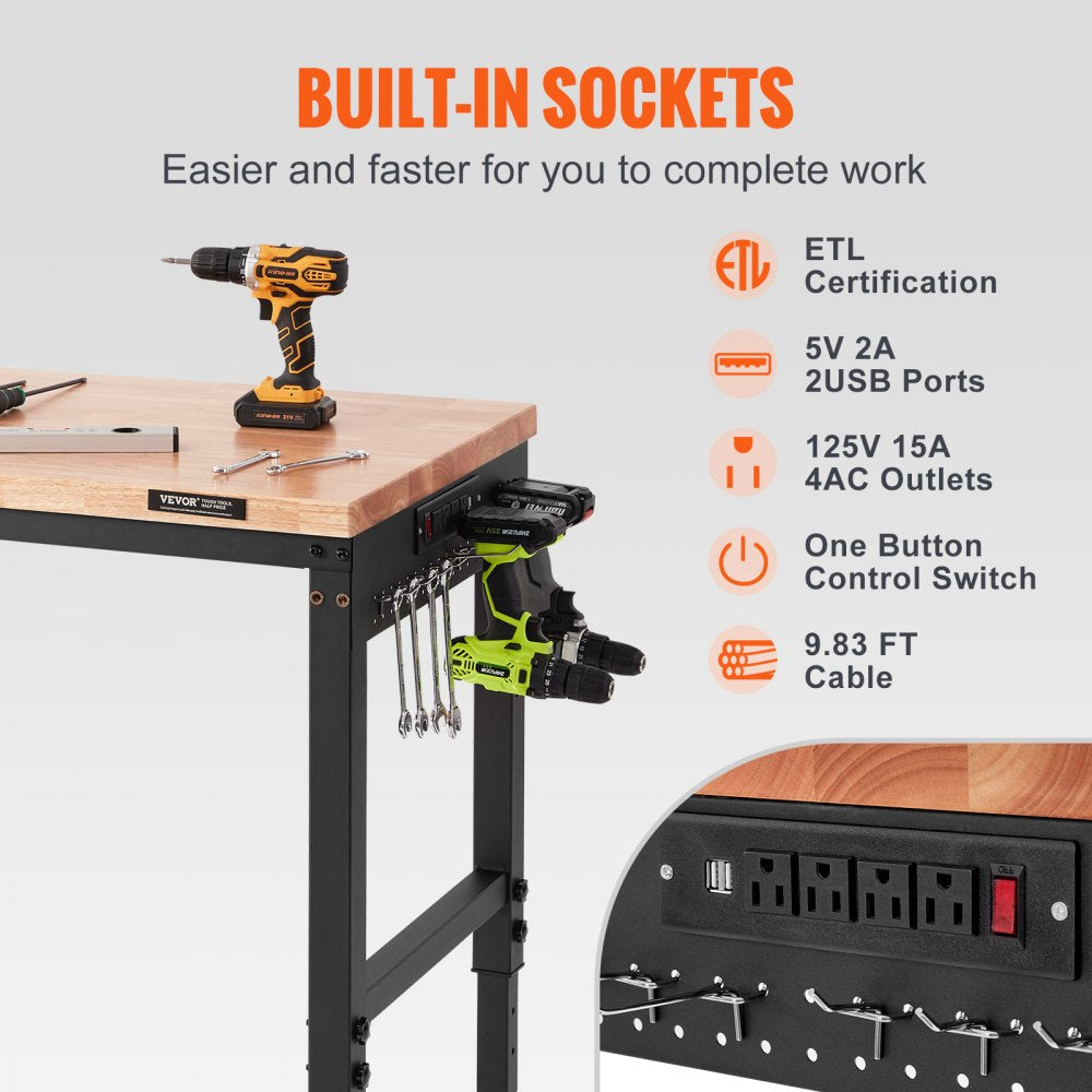 Adjustable Workbench, 48" L X 24" W Garage Worktable with Universal Wheels, 28-39.5" Heights & 2000 LBS Load Capacity, with Power Outlets & Hardwood Top & Storage & Foot Pads, for Office Home