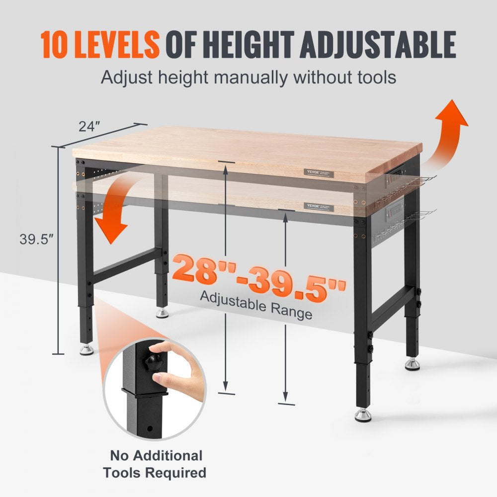 Adjustable Workbench, 48" L X 24" W Garage Worktable with Universal Wheels, 28-39.5" Heights & 2000 LBS Load Capacity, with Power Outlets & Hardwood Top & Storage & Foot Pads, for Office Home