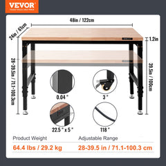 Adjustable Workbench, 48" L X 24" W Garage Worktable with Universal Wheels, 28-39.5" Heights & 2000 LBS Load Capacity, with Power Outlets & Hardwood Top & Storage & Foot Pads, for Office Home