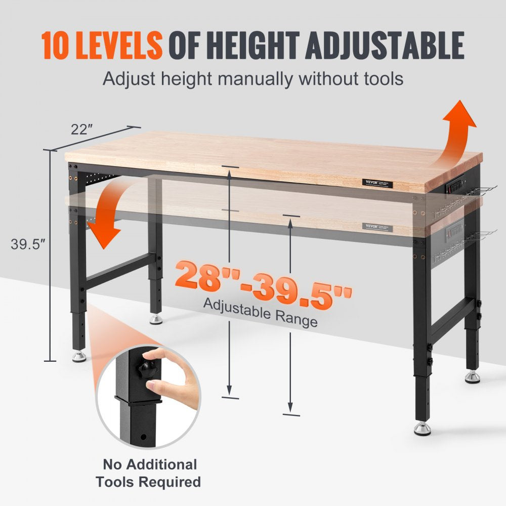 Workbench A3 Steel Work Bench For Garage max. 1500W Heavy Duty Workbench 220lbs Weight Capacity 0.47" Bench top Thickness Hardwood Workbench 1.5m Cable 4xAC outlets 2xUSB ports 30xHooks