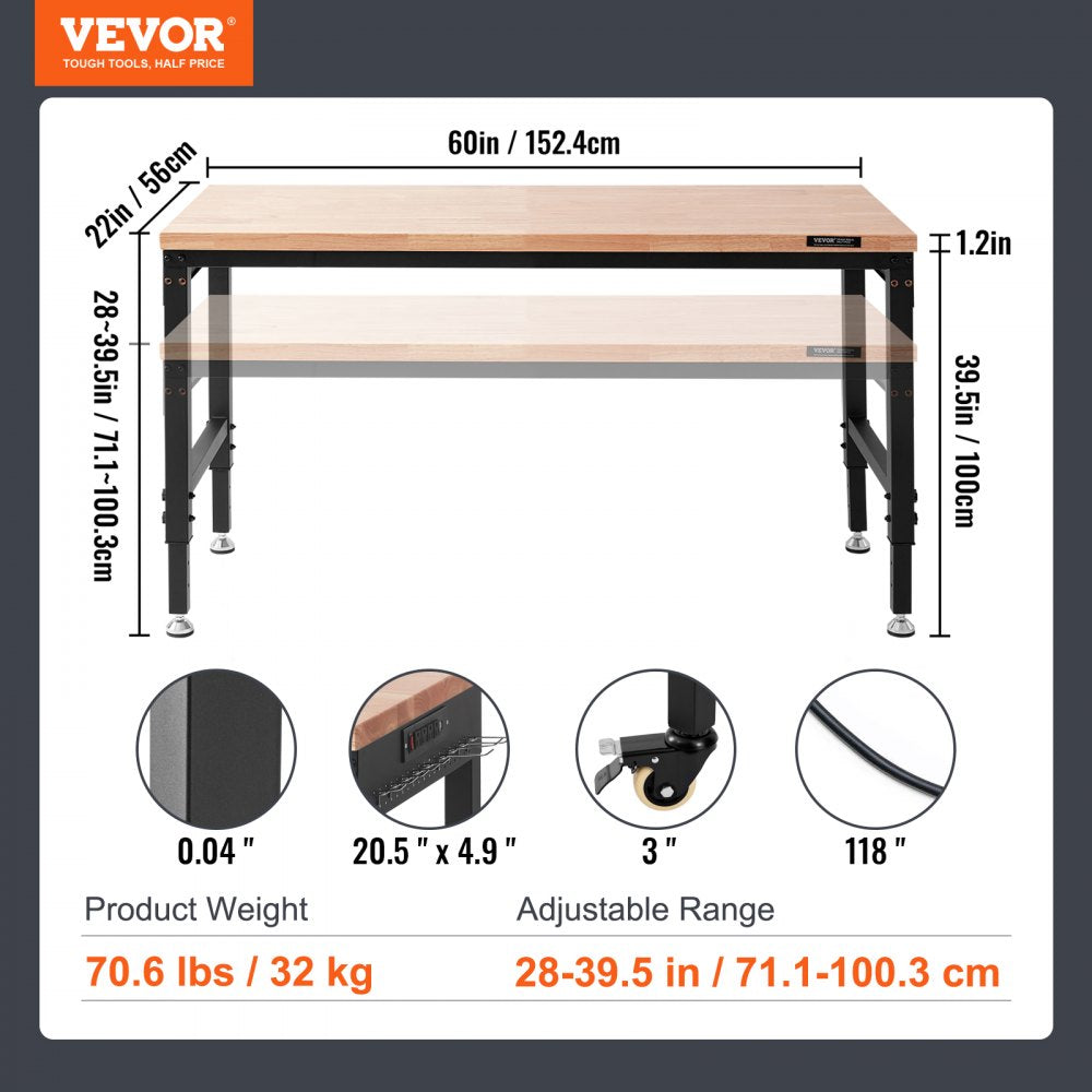 Workbench A3 Steel Work Bench For Garage max. 1500W Heavy Duty Workbench 220lbs Weight Capacity 0.47" Bench top Thickness Hardwood Workbench 1.5m Cable 4xAC outlets 2xUSB ports 30xHooks