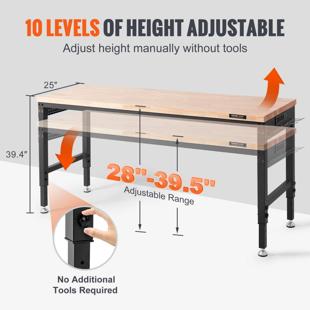 Adjustable Workbench, 72" L X 25" W Garage Worktable with Universal Wheels, 28-39.5" Heights & 3000 LBS Load Capacity, with Power Outlets & Hardwood Top & Storage & Foot Pads, for Office Home