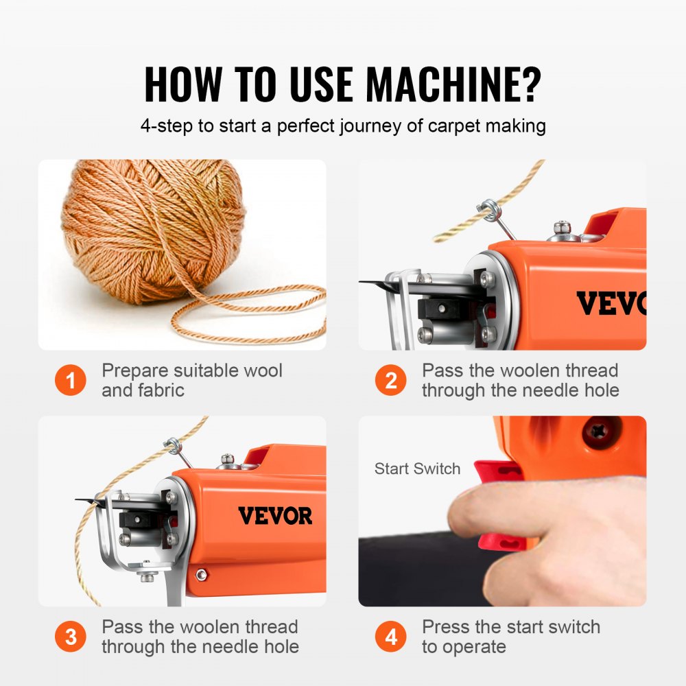 Orange Bostome electric carpet tufting machine with wool yarn and threading steps shown.