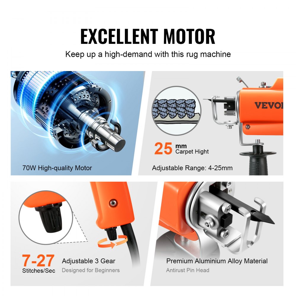Orange Bostome electric carpet tufting machine with 70W motor, adjustable 4-25mm pile height, and cut-loop pile head.