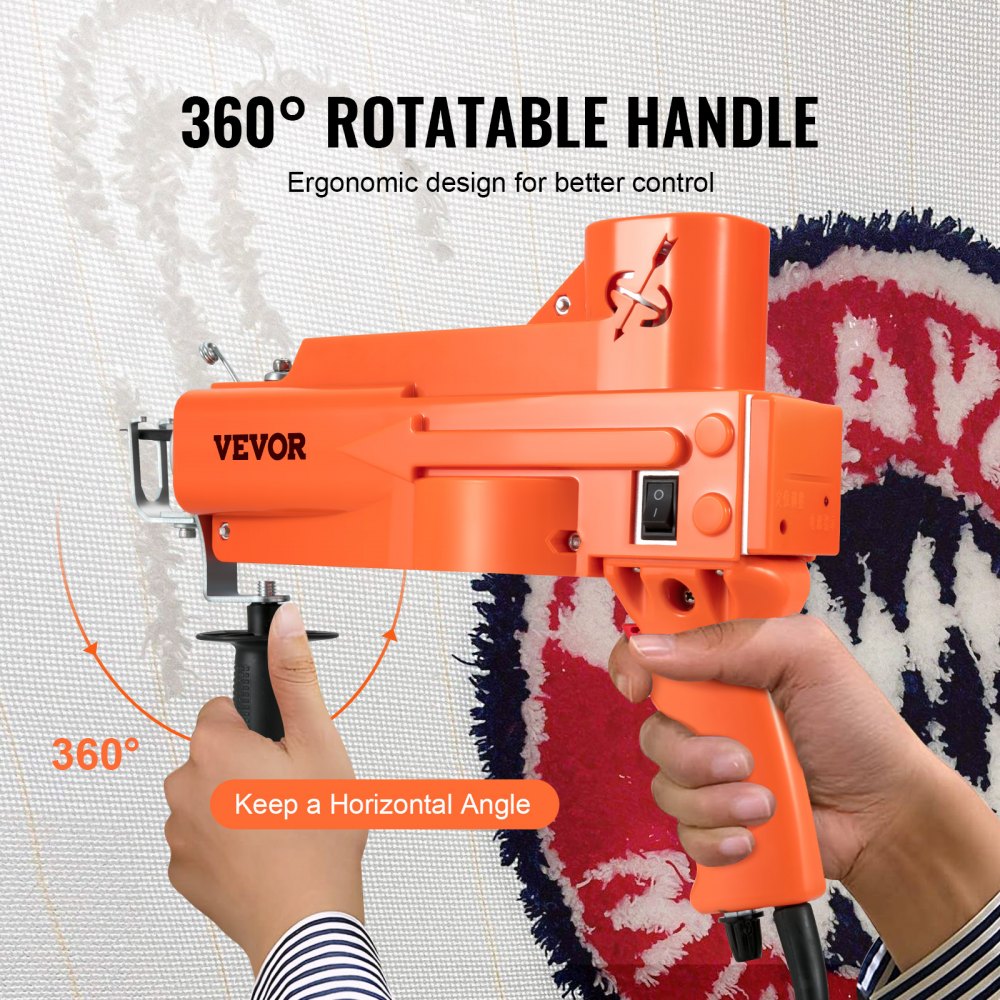 Orange Bostome electric carpet tufting machine with 360-degree rotatable handle held horizontally by hands.