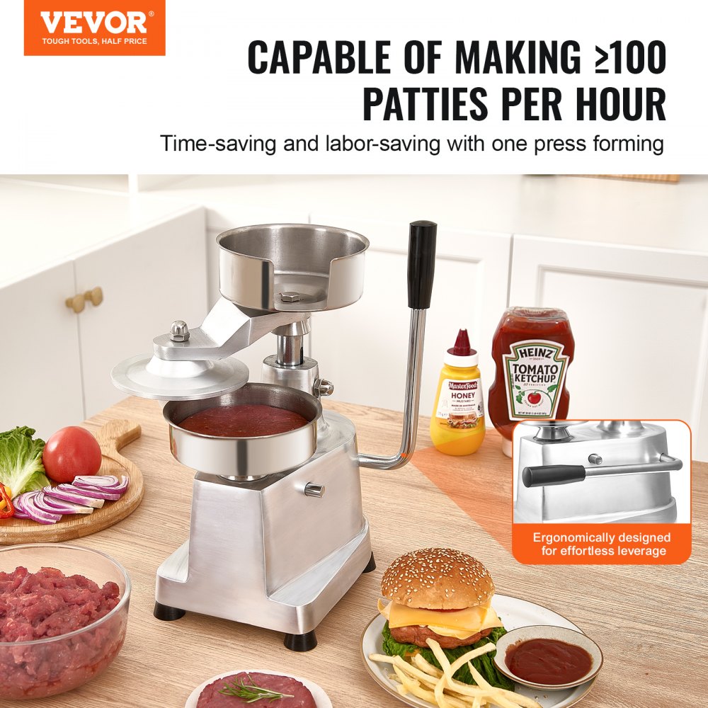 Commercial Burger Patty Maker, 130mm/5inch Hamburger Beef Patty Maker, Heavy Duty Food-Grade Stainless Steel Bowl Burger Press Machine, Kitchen Meat Forming Processor with 1000 Pcs Patty Papers